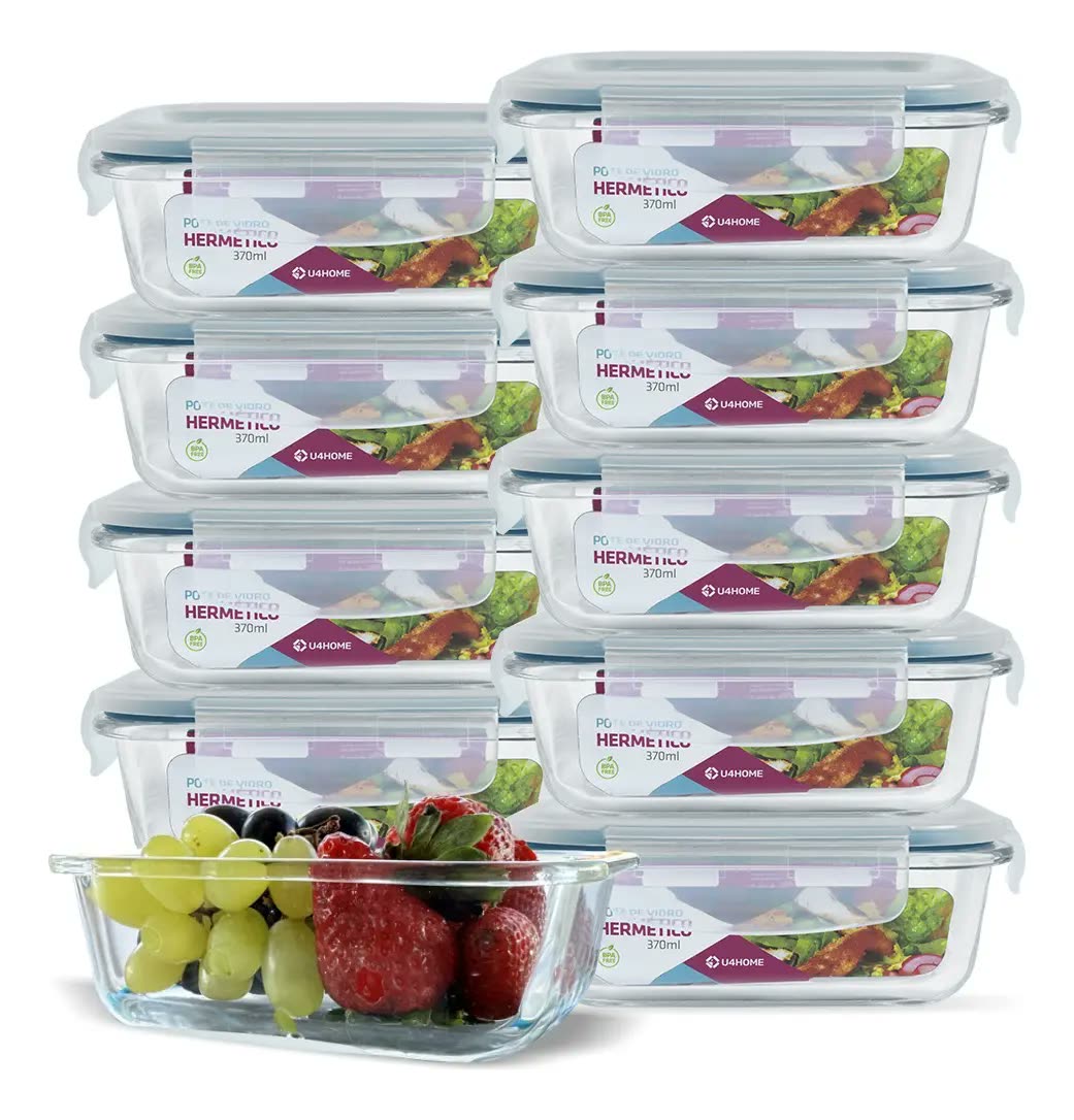 Kit Conjunto 10 Potes Vidro Hermético Marmita Tampa 370ml