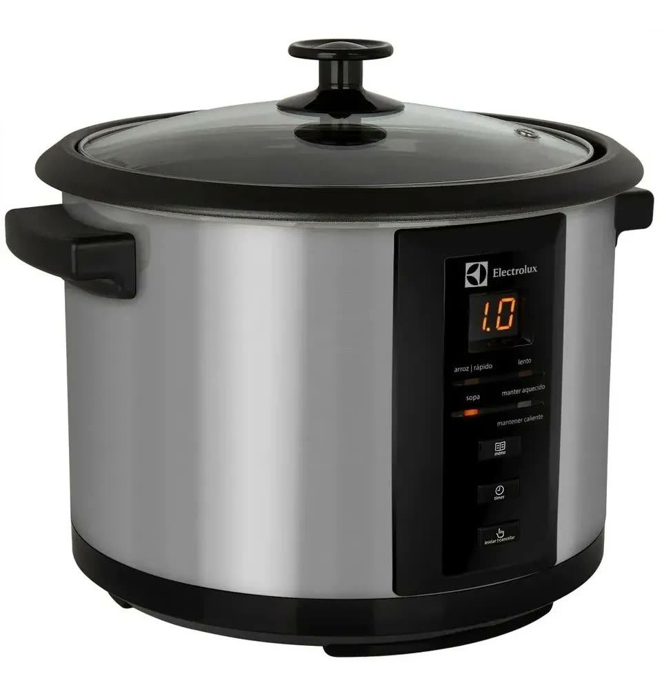Panela Elétrica Electrolux Vapor Arroz 1,8L 10 xícaras Capacidade 4 funções pré-programadas Timer Panela Removível Antiaderente Tampa Vidro ECC20 inox