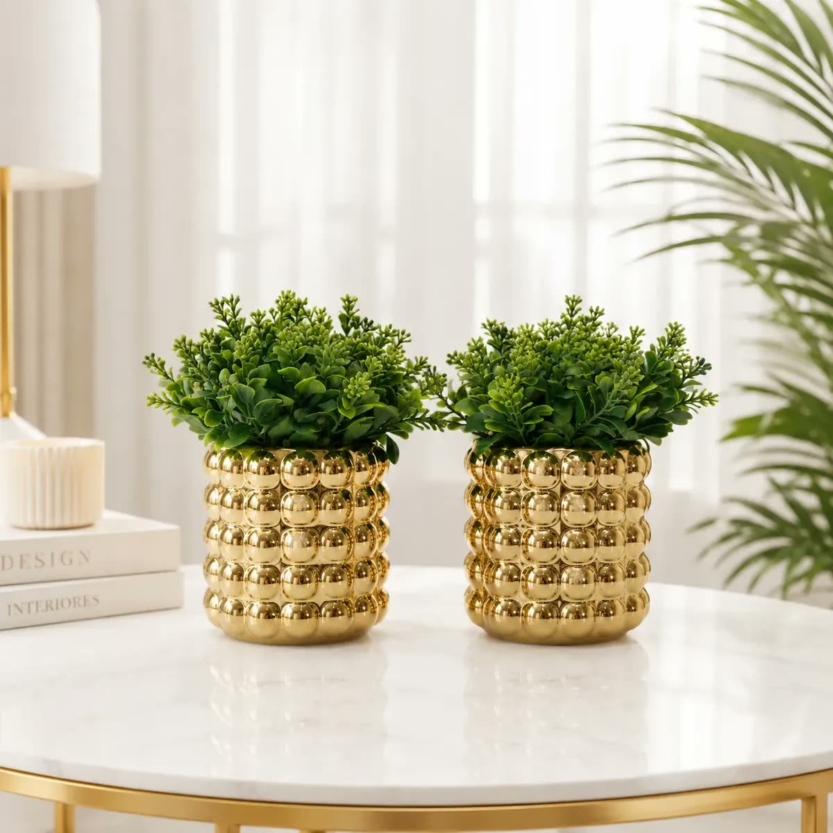 Conjunto De Vasos De Cerâmica Dourados Com Planta