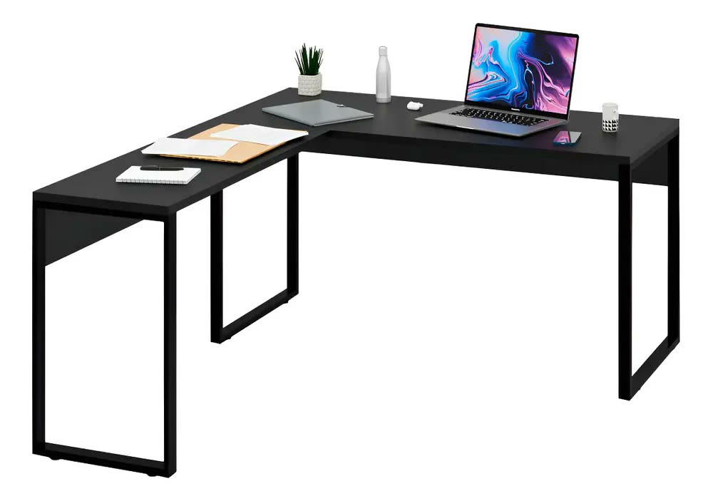 Escrivaninha Netmobil Mesa de canto em L industrial aço, mdp de 150cm x 75cm x 60cm x 150cm preto