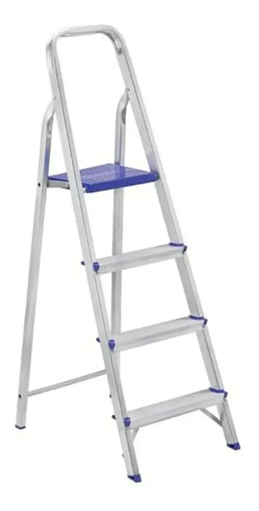 foto de Escada Alumínio Doméstica 4 Degraus Reforçada Real Escadas Cor Prateado/Azul
