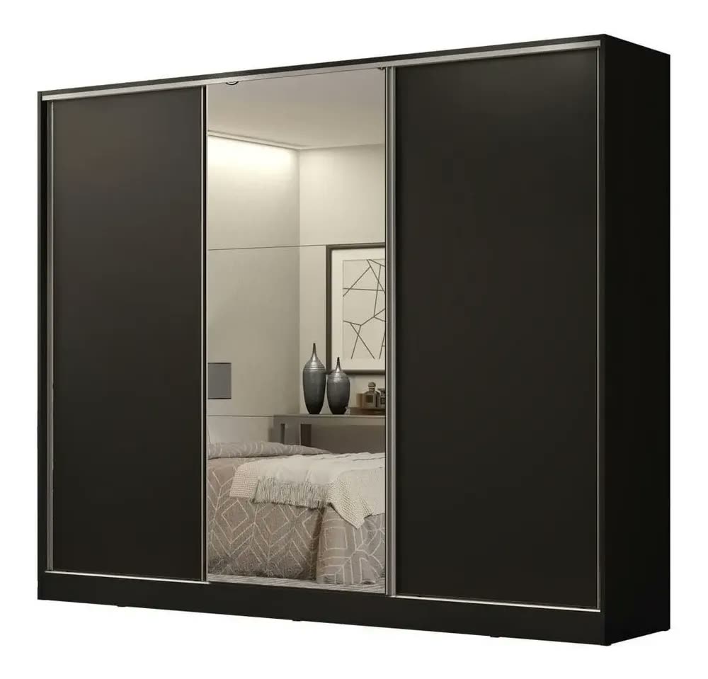 Guarda Roupa Casal 100% Mdf Madesa Royale 3 Portas Espelho Cor Preto 106209