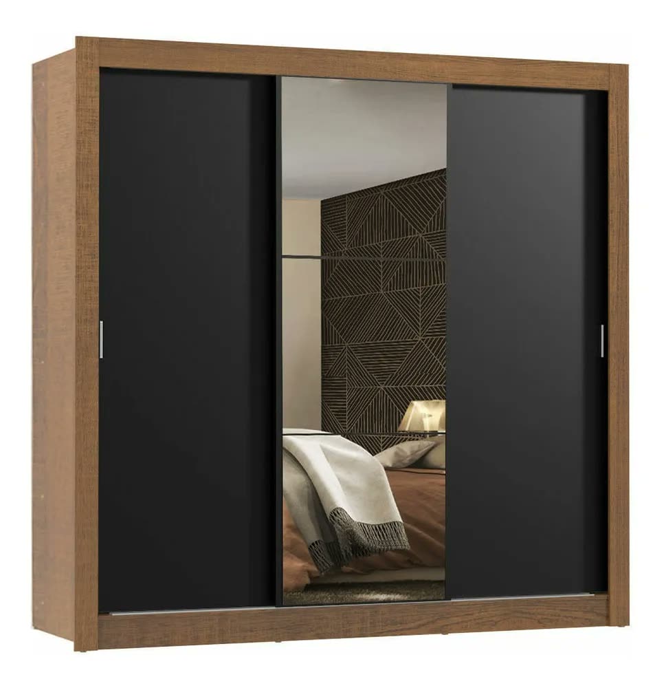 Guarda Roupa Casal Madesa Mônaco 3 Portas Correr Espelho Rp Cor Rustic/Preto