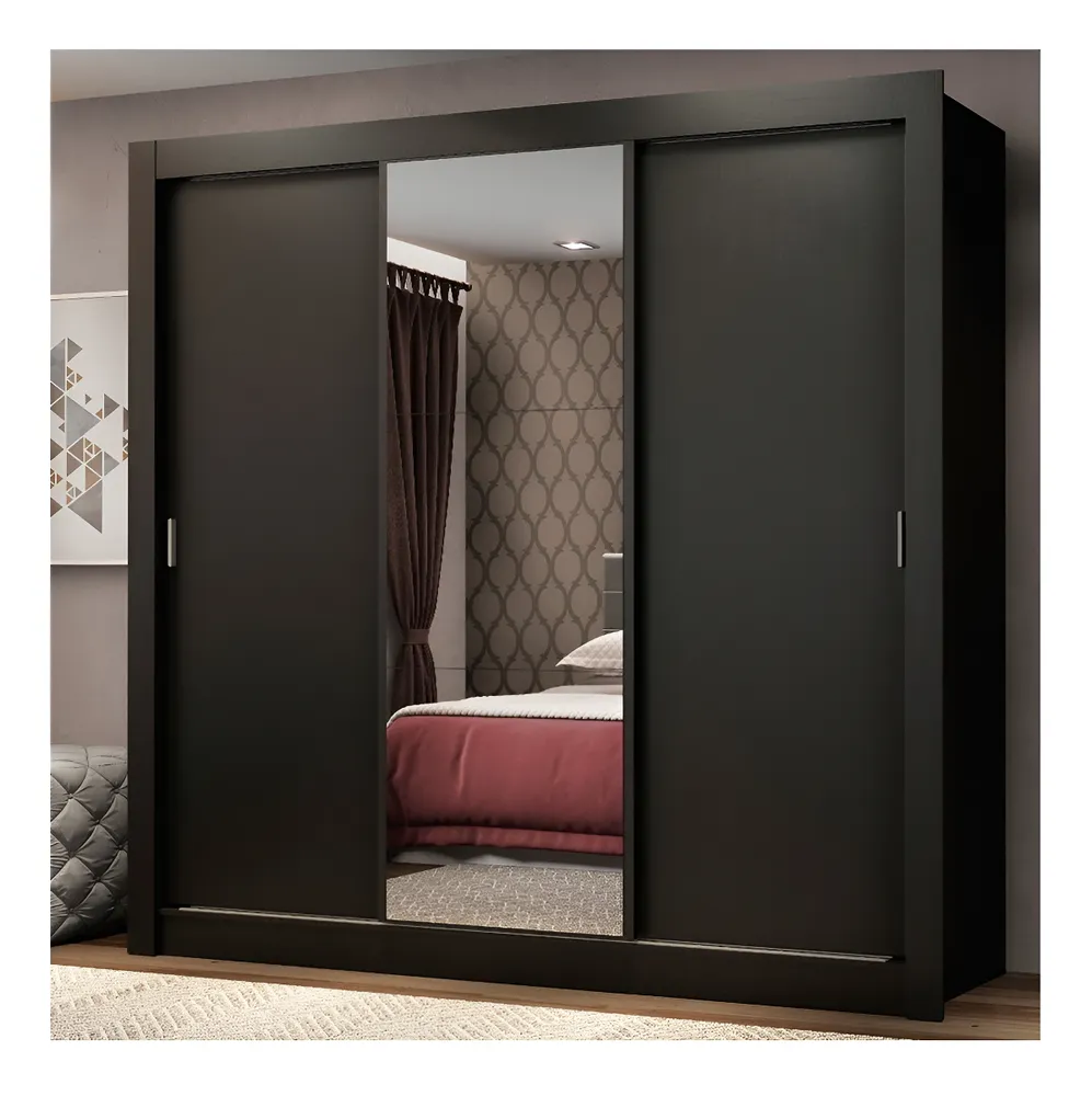 Guarda Roupa Casal Mônaco Madesa 3 Portas Correr Espelho P Cor Preto
