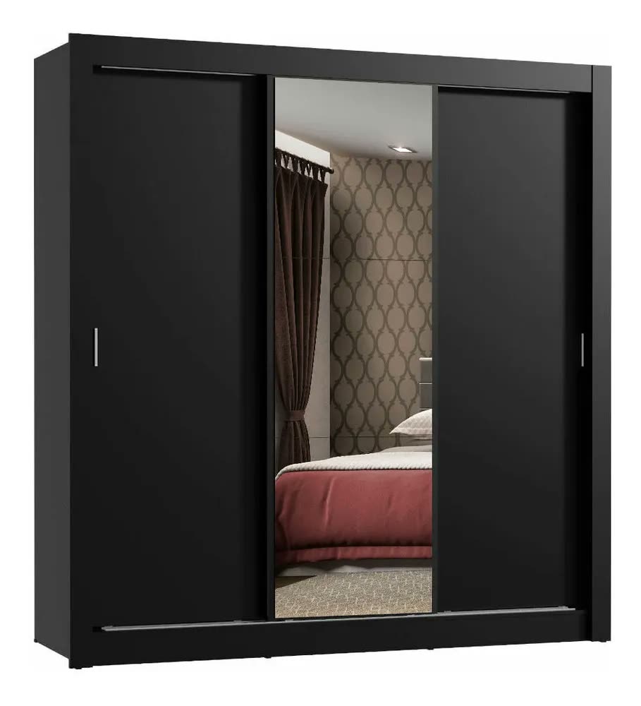 Guarda Roupa Casal Mônaco Madesa 3 Portas Correr Espelho P Cor Preto