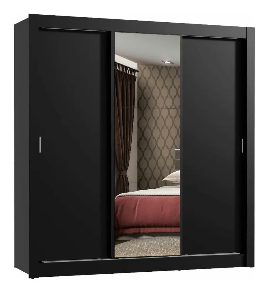 Guarda Roupa Casal Mônaco Madesa 3 Portas Correr Espelho P Cor Preto