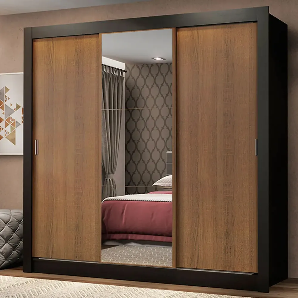 Guarda Roupa Casal Mônaco Madesa 3 Portas Correr Espelho Pr Cor Preto/Rustic 1093D81E
