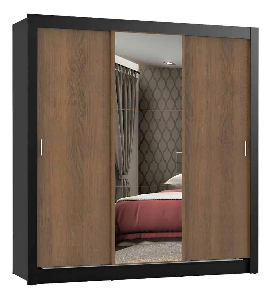 Guarda Roupa Casal Mônaco Madesa 3 Portas Correr Espelho Pr Cor Preto/Rustic 1093D81E