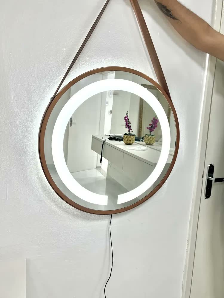 foto de Espelho Redondo Salao Iluminado Led Com Alça 60cm