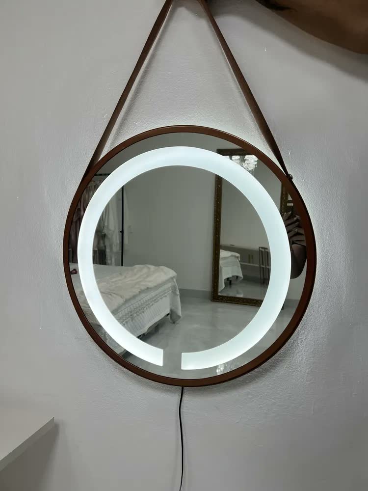 foto de Espelho Redondo Salao Iluminado Led Com Alça 60cm
