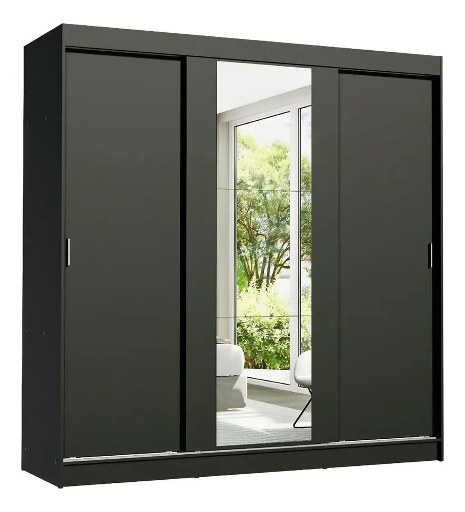 Guarda-roupa Casal Armário Quarto Madesa Reno 3 Portas Correr Espelho Preto 1095H91E