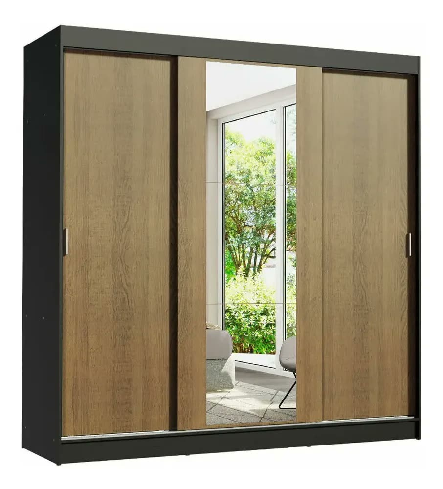 Guarda-roupa Casal Madesa Reno 3 Portas Correr Espelho Pru Cor Preto/Rustic 1095H91E