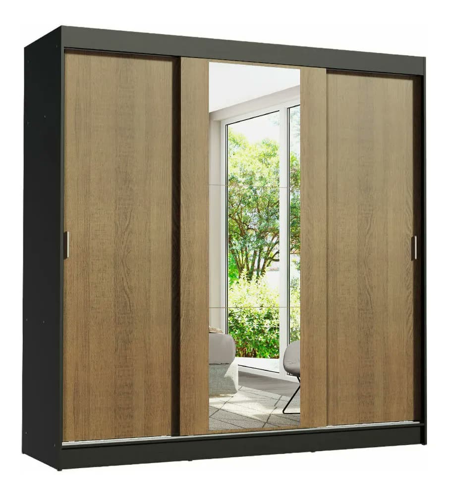 foto de Guarda-roupa Casal Madesa Reno 3 Portas Correr Espelho Pru Cor Preto/Rustic 1095H91E