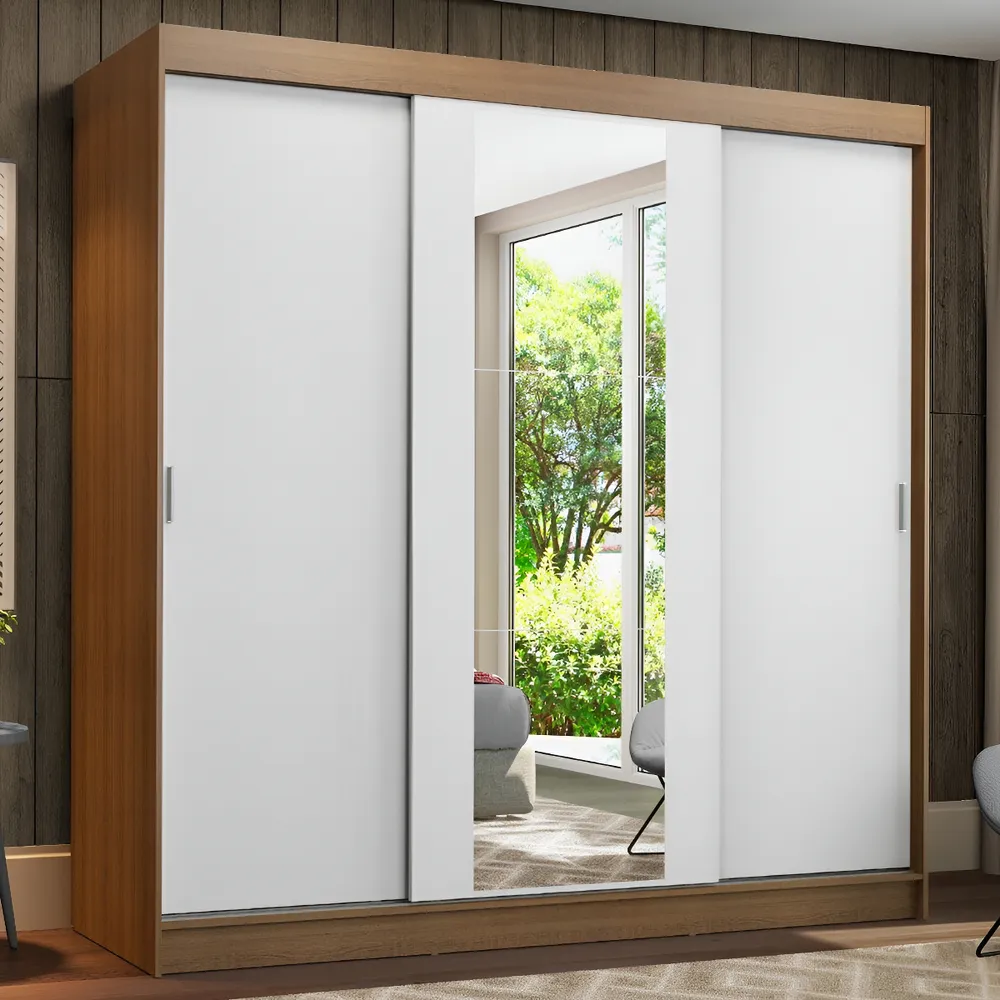 Guarda-roupa Casal Madesa Reno 3 Portas Correr Com Espelho Cor Rustic/Branco 10956E1E
