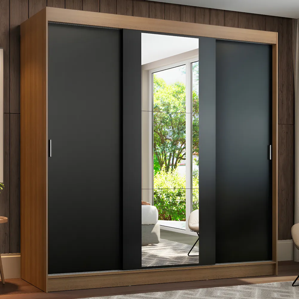 Guarda-roupa Casal Reno Madesa 3 Portas De Correr Espelho Rp Cor Rustic/Preto 1095H91E