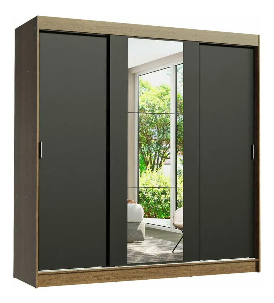 Guarda-roupa Casal Reno Madesa 3 Portas De Correr Espelho Rp Cor Rustic/Preto 1095H91E