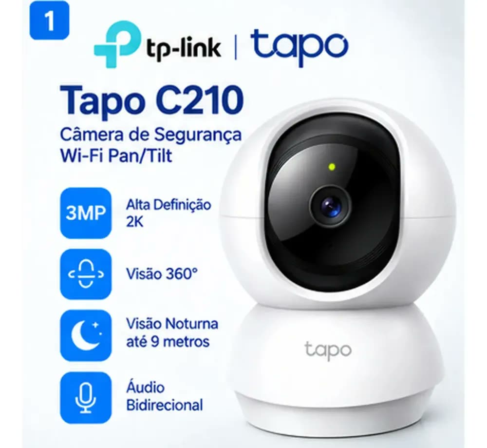 Câmera de Segurança IP TP-Link Tapo C210 Resolução 3MP 2304 x 1296 Definição 2K Alarme Áudio Bidirecional e Visão Noturna Compatível com Alexa