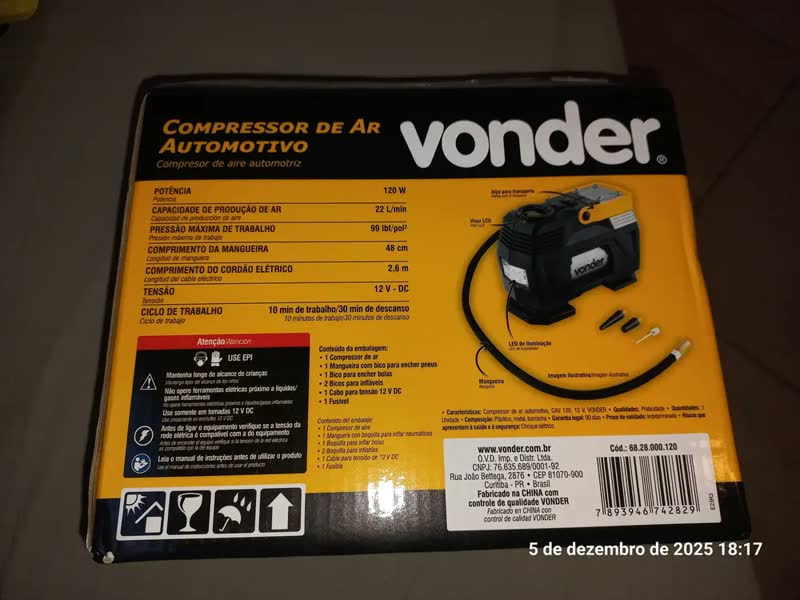 foto de Compressor de ar elétrico portátil Vonder Hobby CAV 120 0.163hp