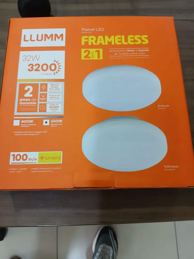 foto de Plafon Painel LED 32W Borda Infinita Redondo Ø22cm Luminária Frameless 2 Em 1 Embutir Ou Sobrepor Llum 6500k