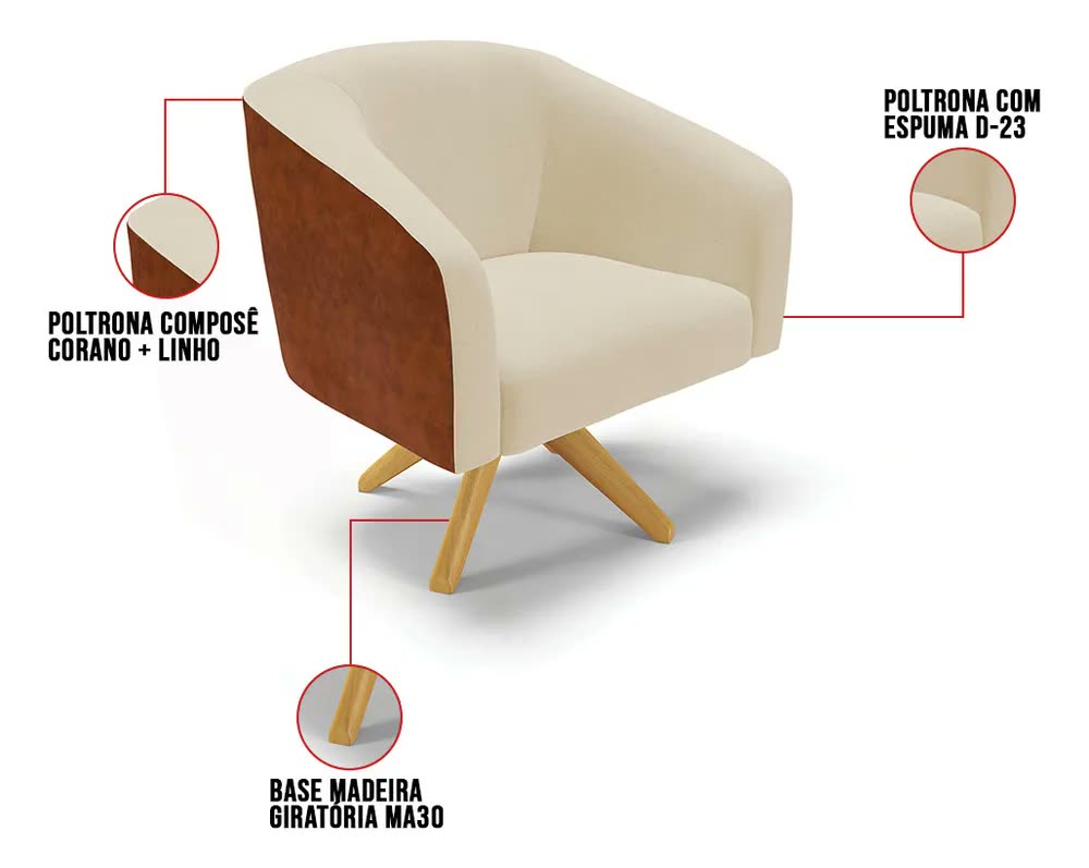 Poltrona Sala Decorativa Orgânica Base Giratória Linho Bege Corano Nozes - D'Rossi Stella