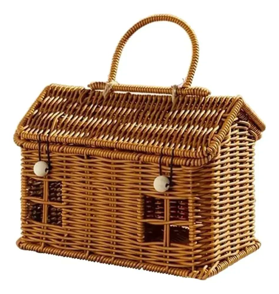 Cesta Em Forma De Casa De Vime Com Tampa, Decorativa Tecida