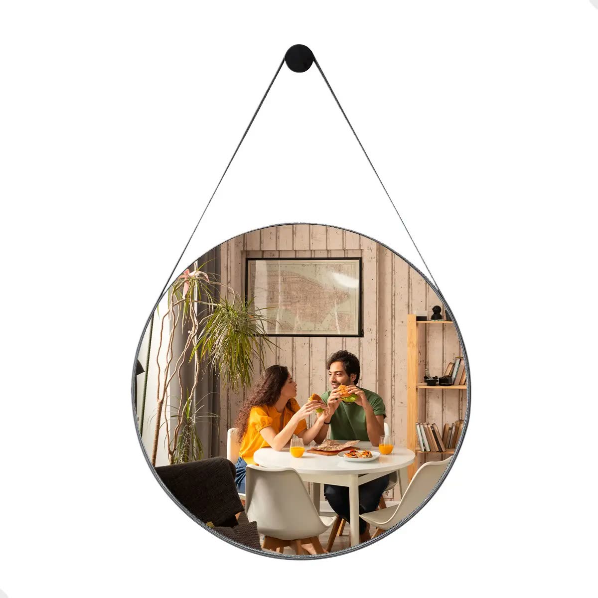 foto de Espelho De Parede Decorativo Redondo 60cm C/ Alça De Couro