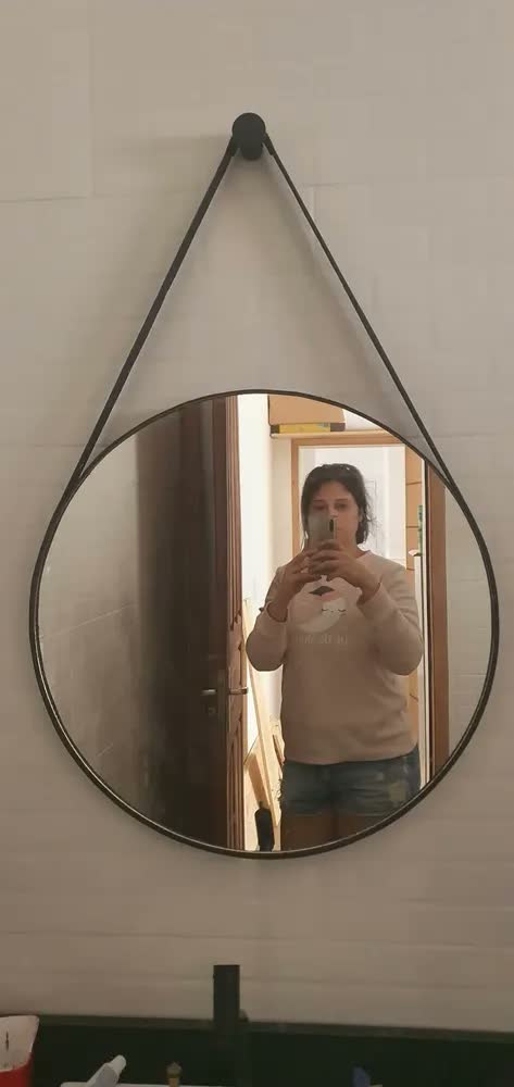 foto de Espelho Redondo Decorativo Suspenso Alça 60cm + Pino Suporte