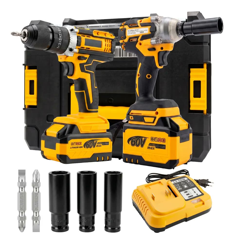 Kit Parafusadeira E Chave Impacto Com 2 Bateria 60v Brushles