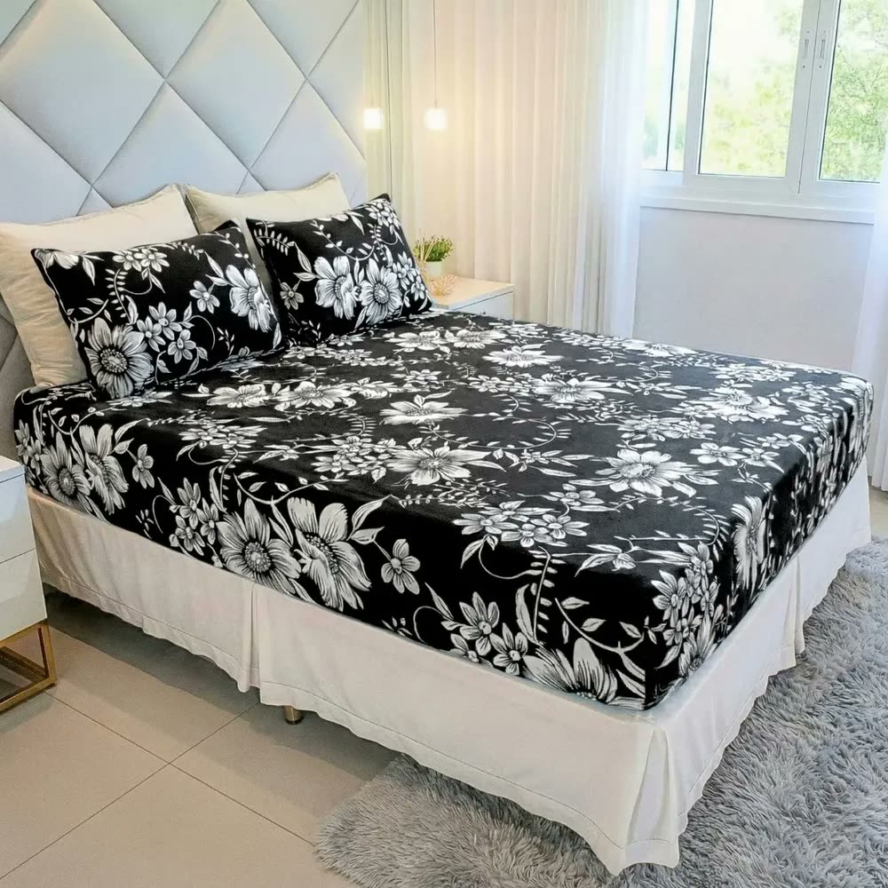 Jogo De Lençol Cama Queen Size 3 Peças Box Estampado Com Elástico Malha 100% Algodão Cozzilar Toque Macio Hotel Pousada Modelo 3