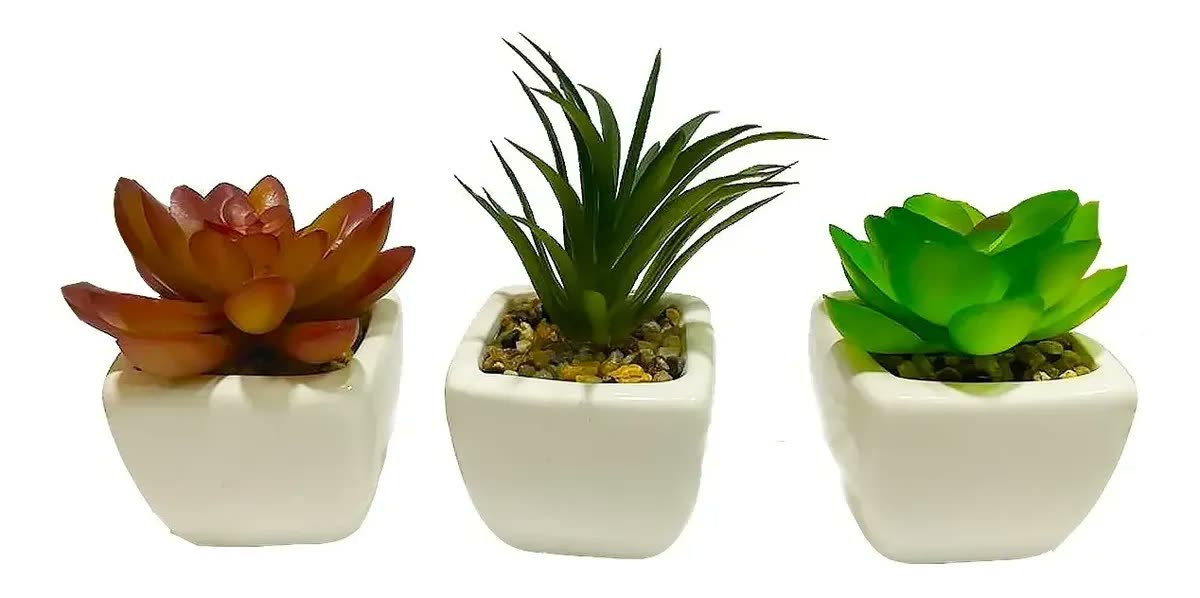 foto de Kit 3 Mini Suculentas Plantas Artificiais Vaso De Ceramica
