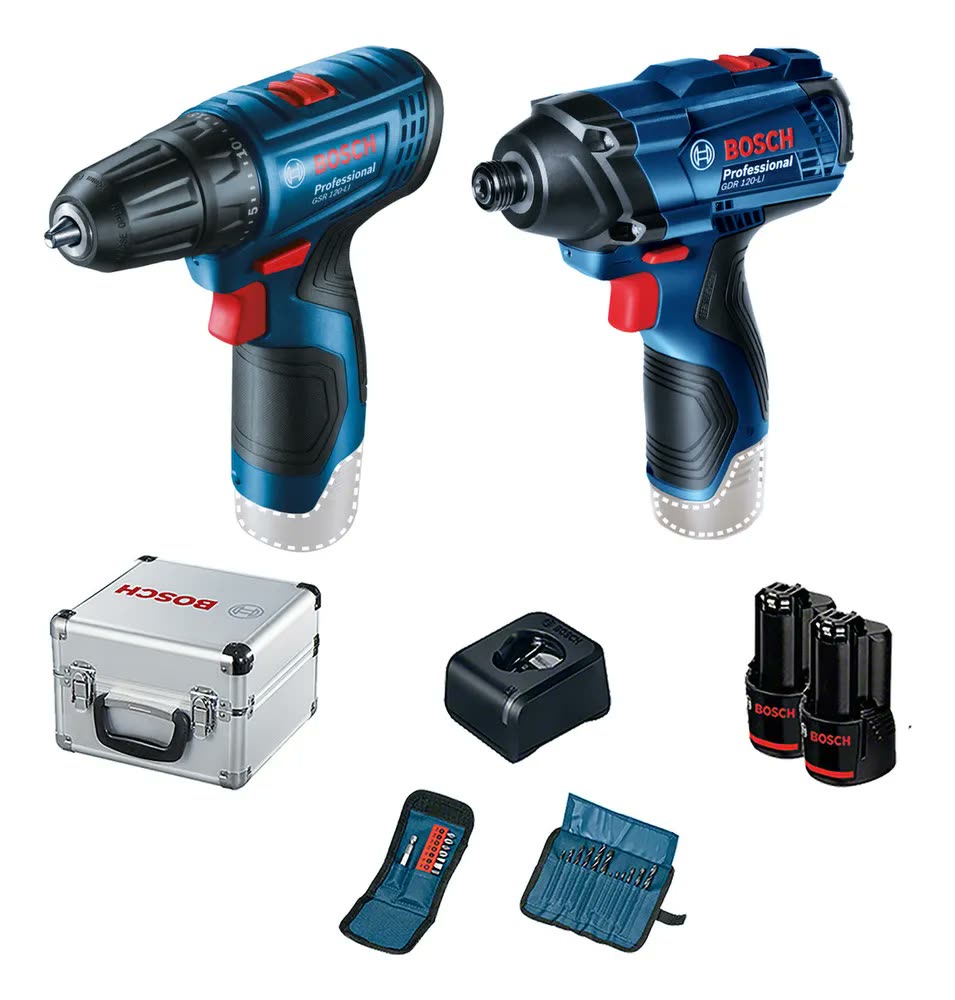Furadeira parafusadeira azul sem fio de 10mm Bosch GSR120 + GDR120 com 2 baterías de 2Ah y accesorio com maleta de transporte