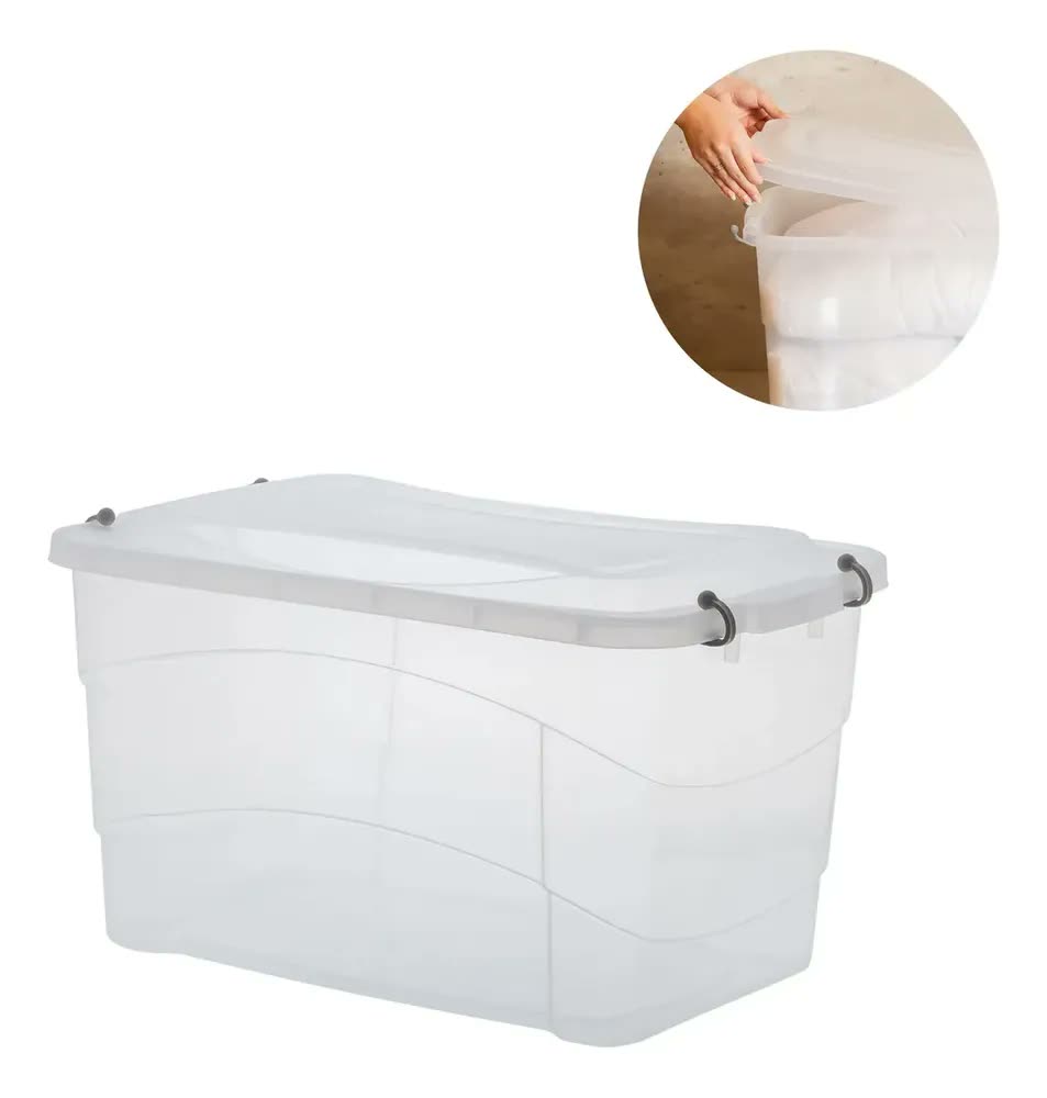foto de Caixa Organizadora Pratic Box Multiuso 50L Transparente Plástico Tampa C/ Travas Resistente Cozinha Lavanderia Escritório Brinquedos Ferramentas Quarto Armazenamento Grande Capacidade Paramount