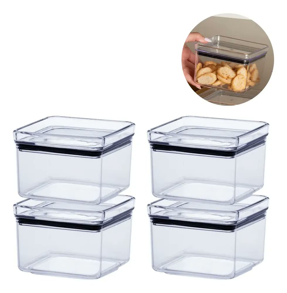 Kit 4 Potes Herméticos Lumini 480ml Organizador Mantimentos Alimentos Cozinha Transparente Empilhável Vedação Hermética Conservação BPA Free Paramount