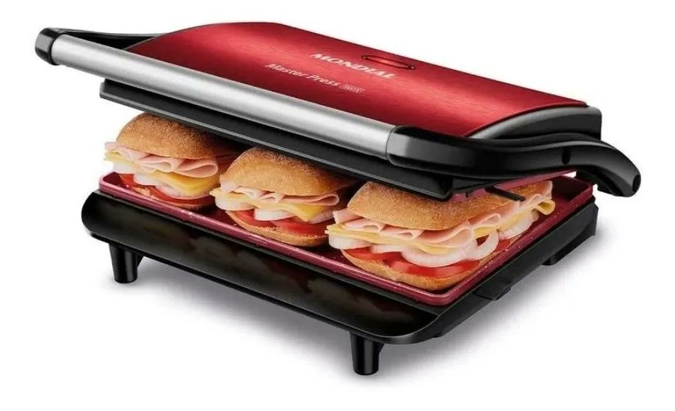 foto de Grill e Sanduicheira Press Grill Red Ceramic PG-01-RC Vermelho e Preto 1000W Mondial