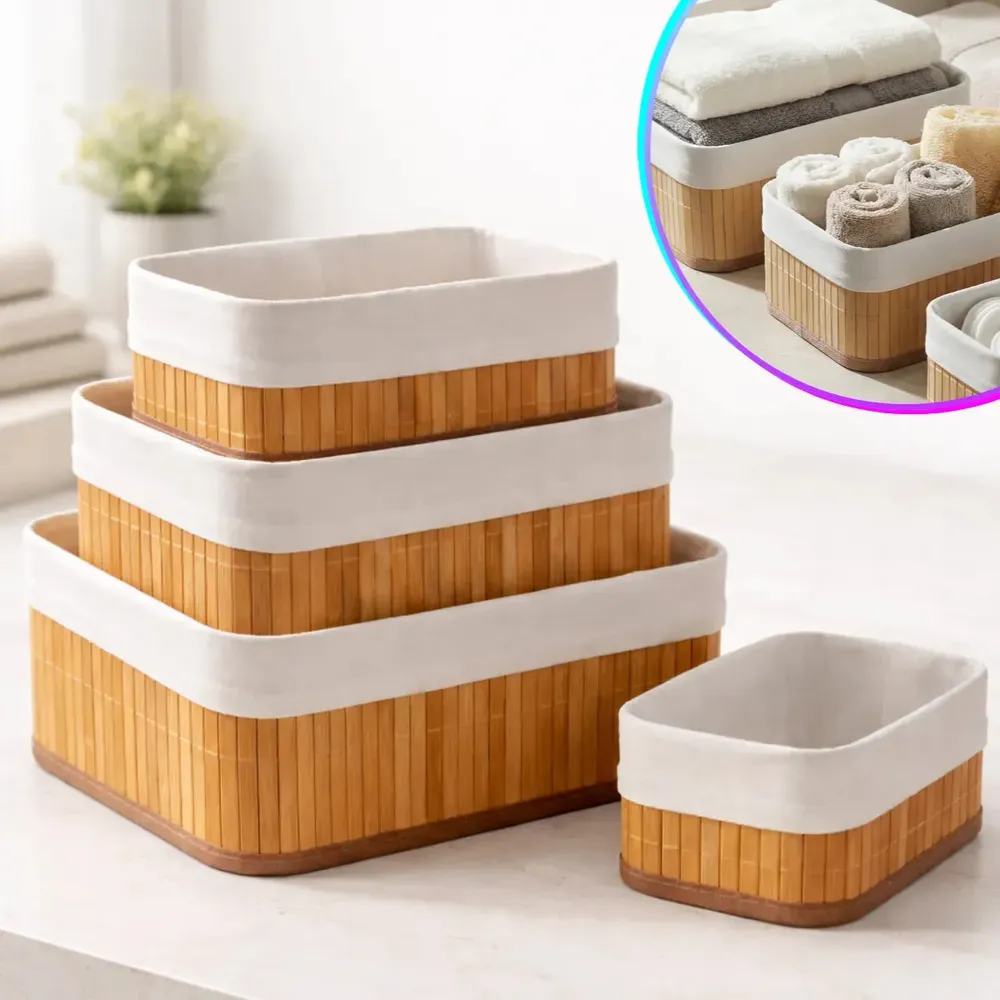 Kit 3 Cestos Bambu Organizador Com Forro Lavável Multiuso Retangular Jogo Vime Sólar Armazenador Guarda Roupa Gaveta Mesas Banheiro
