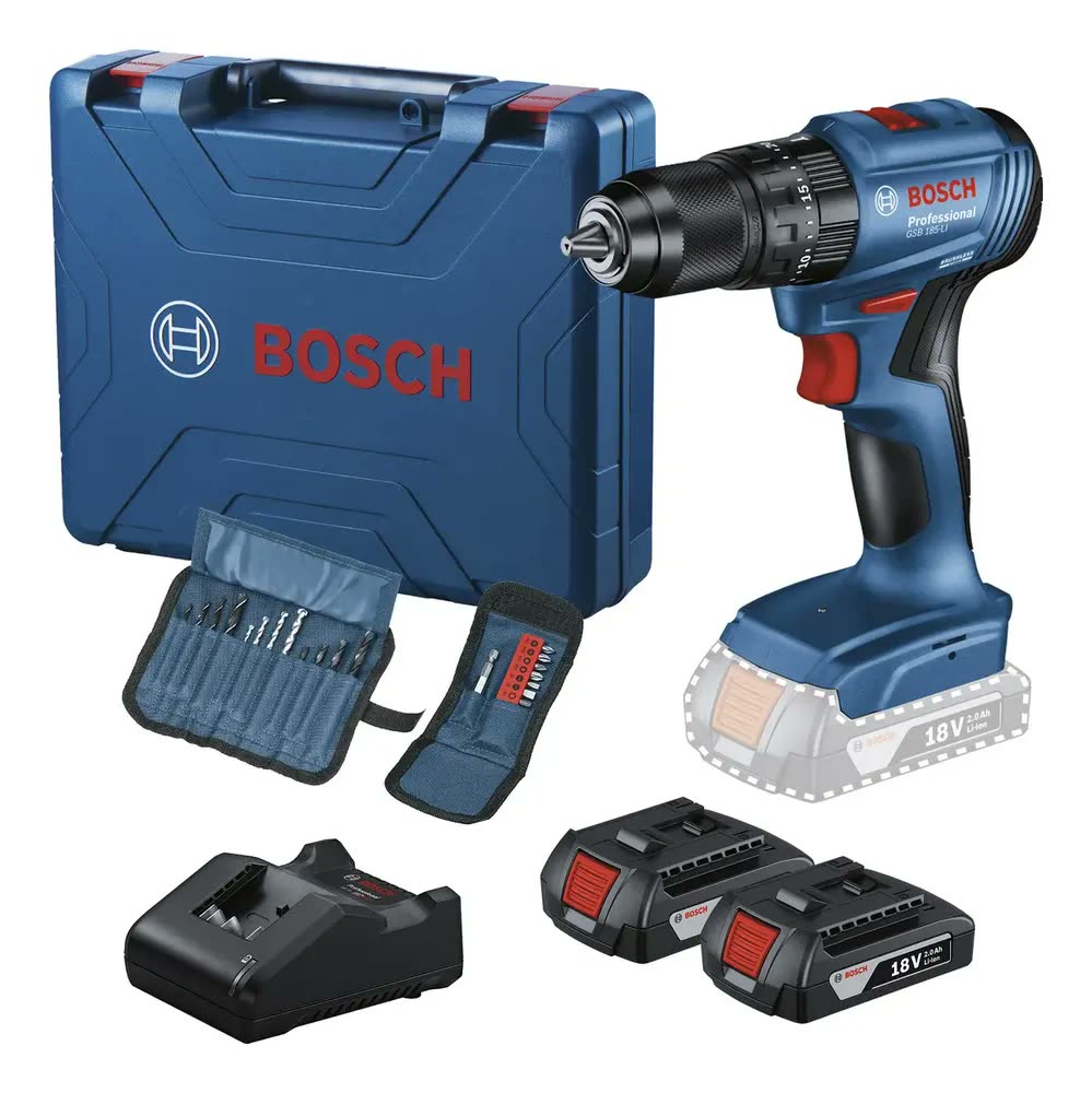 Furadeira Parafusadeira Bosch Impacto 2 Baterias Carregador sem Fio 18V Azul GSB185LI-2BX