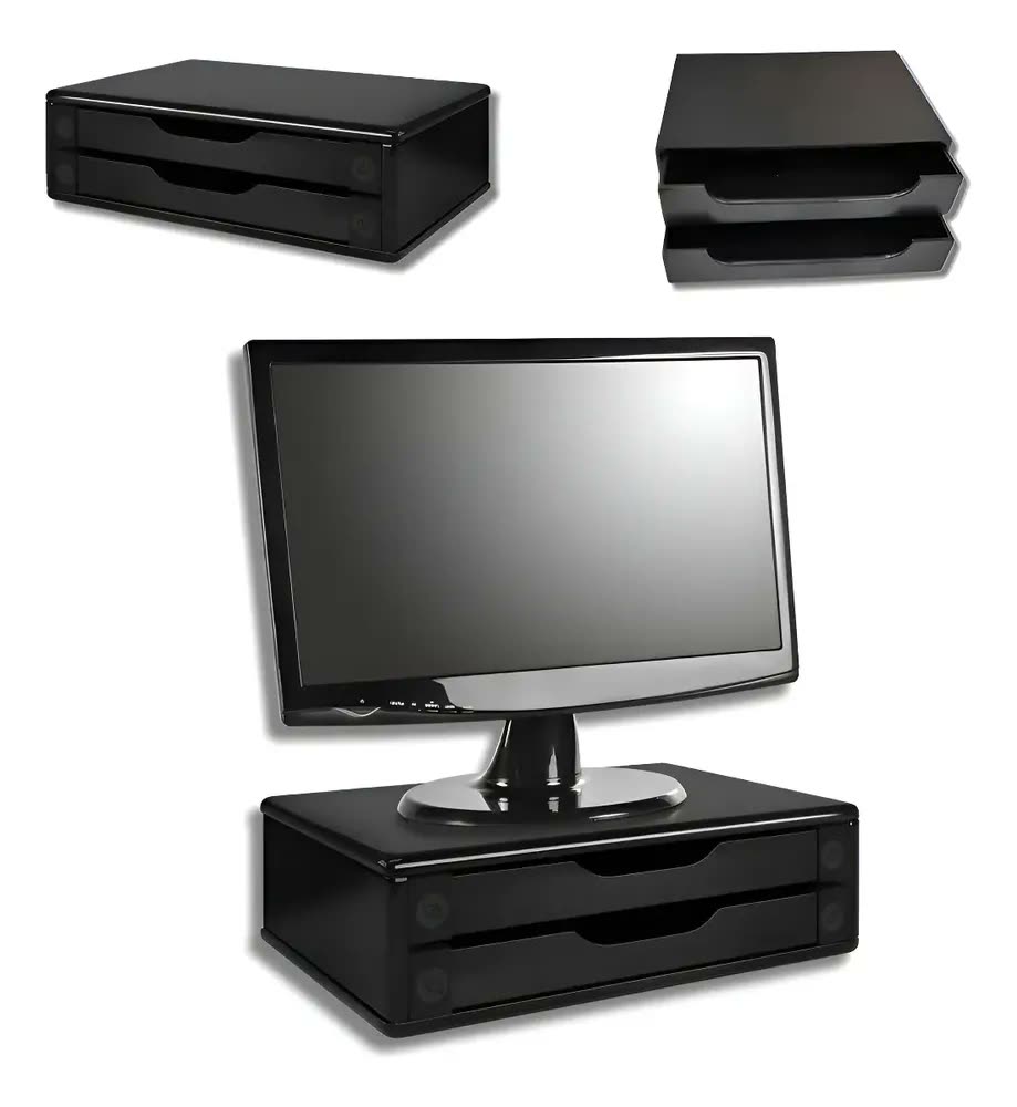 Suporte Monitor Mesa Souza Preto 2 Gavetas MDF Black Piano Fixo