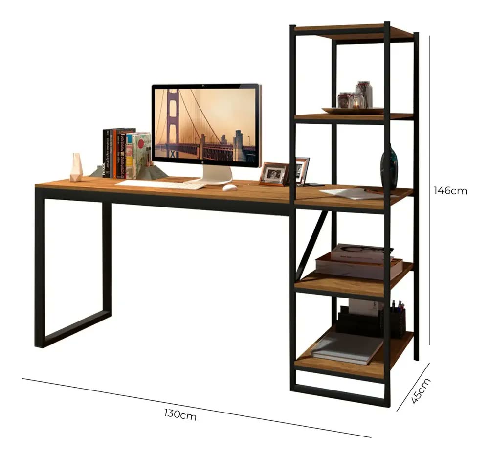 Escrivaninha Estudo Slim Industrial Canela Preto MDF