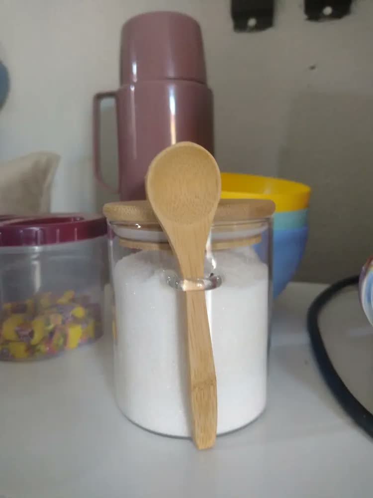 foto de Pote Hermético Vidro Bambu Yozi 450ml Com Colher Armazenamento