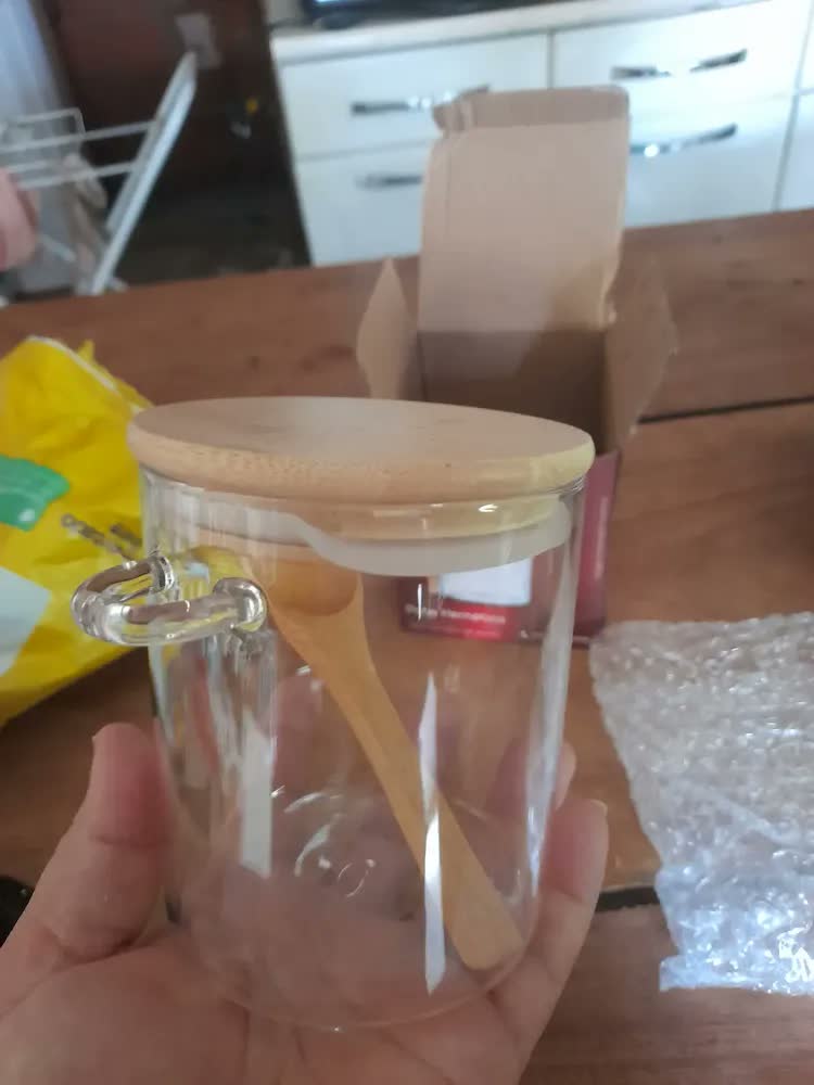 foto de Pote Hermético Vidro Bambu Yozi 450ml Com Colher Armazenamento