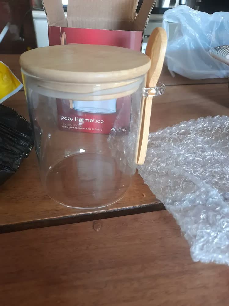 foto de Pote Hermético Vidro Bambu Yozi 450ml Com Colher Armazenamento