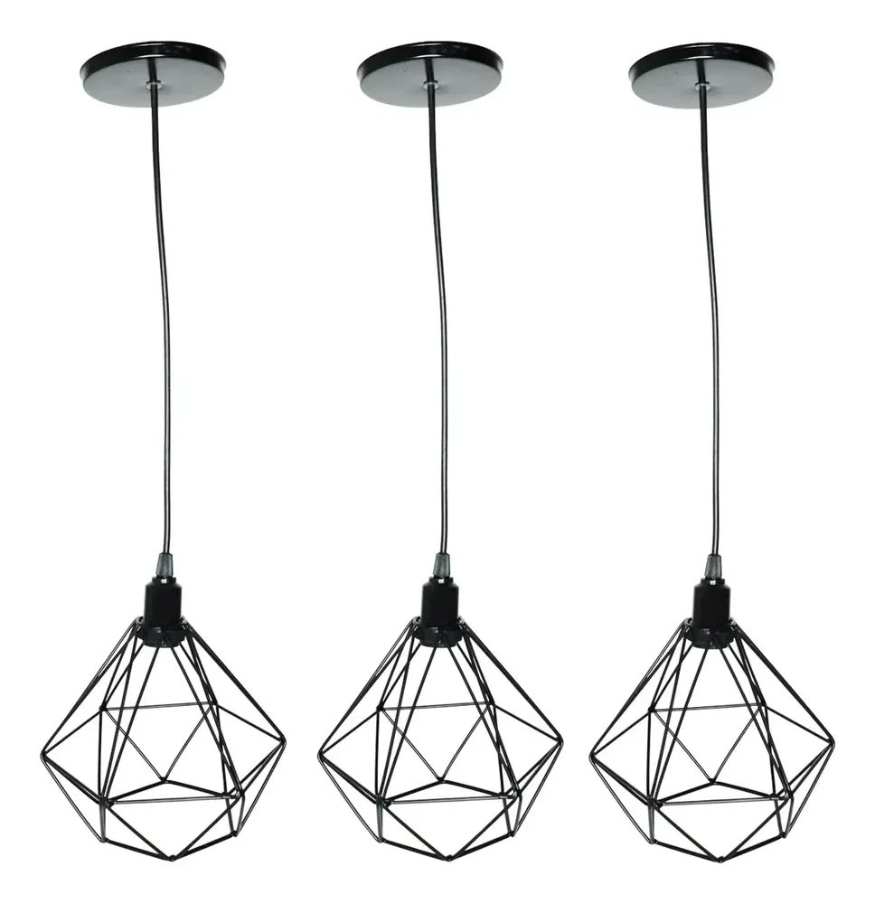 3 Pendente Aramado Diamante Luminária Lustre Luxo Pequeno Teto Retrô Agp Ilumini Industrial Cor Preto