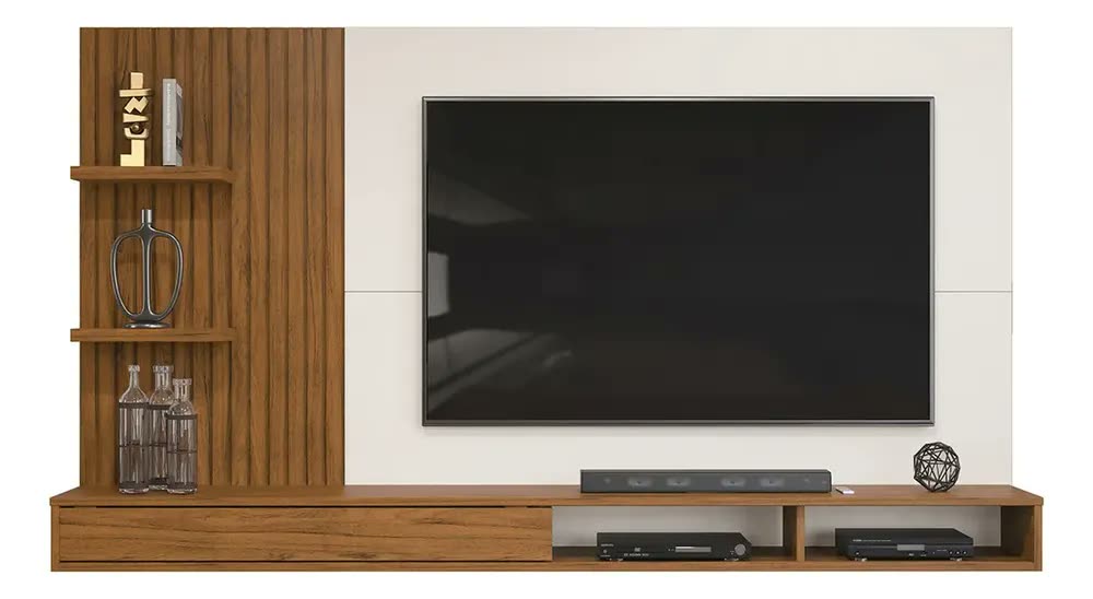 Painel para TV até 60 Polegadas Ripado com Nichos DJ Móveis Bento Freijó Off White