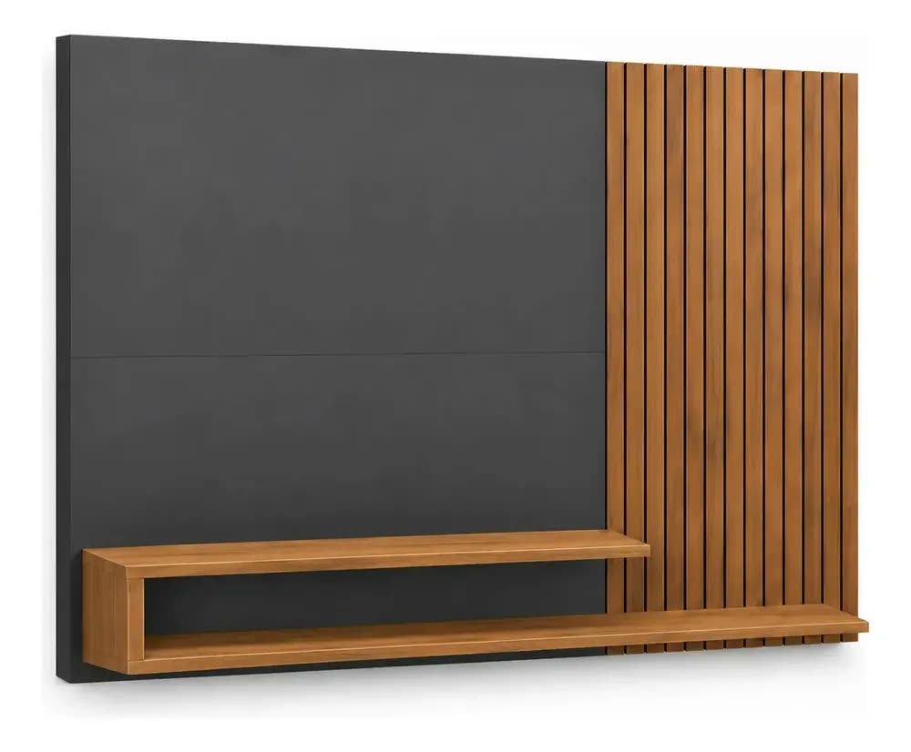 foto de Painel para TV até 50 Polegadas Ripado Suspenso Nando DJ Móveis Freijó Cinza Urbano 136cm com Nicho 2 Prateleiras Passa Cabos MDF MDP Sala de Estar Design Moderno Compacto Minimalista