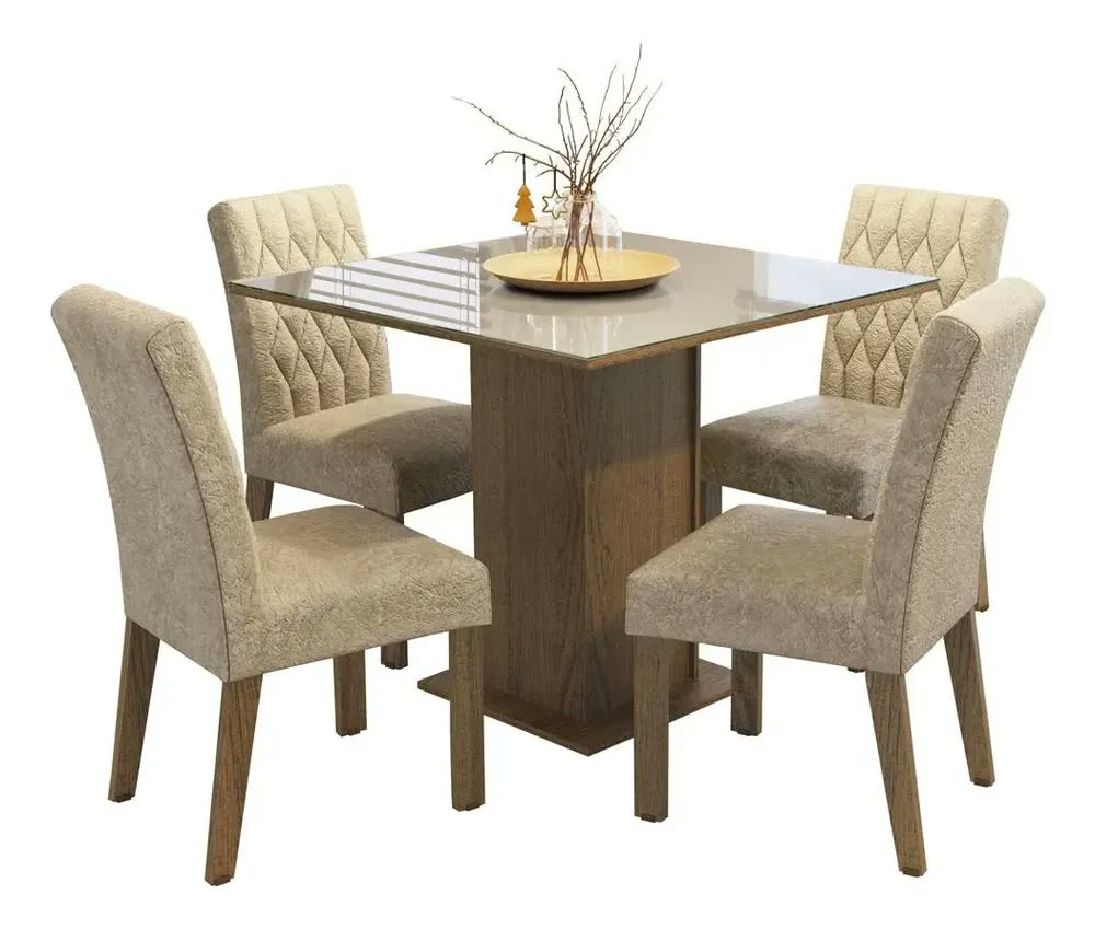 Sala Jantar Estofada Mesa Tampo Vidro 4 Cadeiras Madesa Anaju Rci Cor Rustic/Crema/Imperial MDJA0401387GSIM