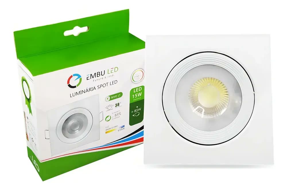 Spot Led Teto 15w Quadrado Embutir Direcionável 38º - Branco - Branco Frio 6500K - Bivolt