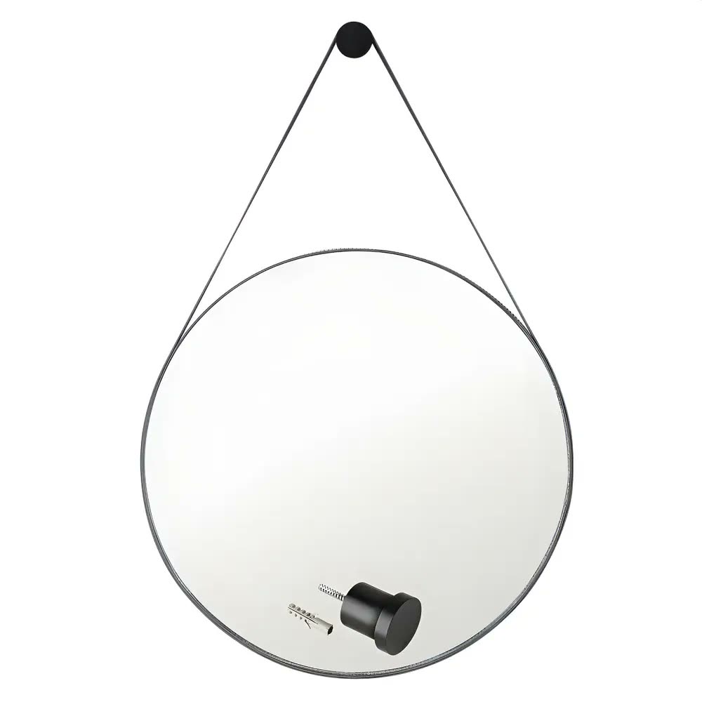 Espelho Decorativo Redondo 60cm Adnet Suspenso C/ Alça Couro Preto