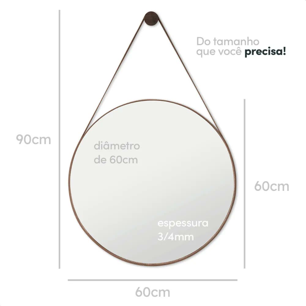 Espelho De Parede Decorativo Redondo Adnet 60cm Alça De Couro Cafe