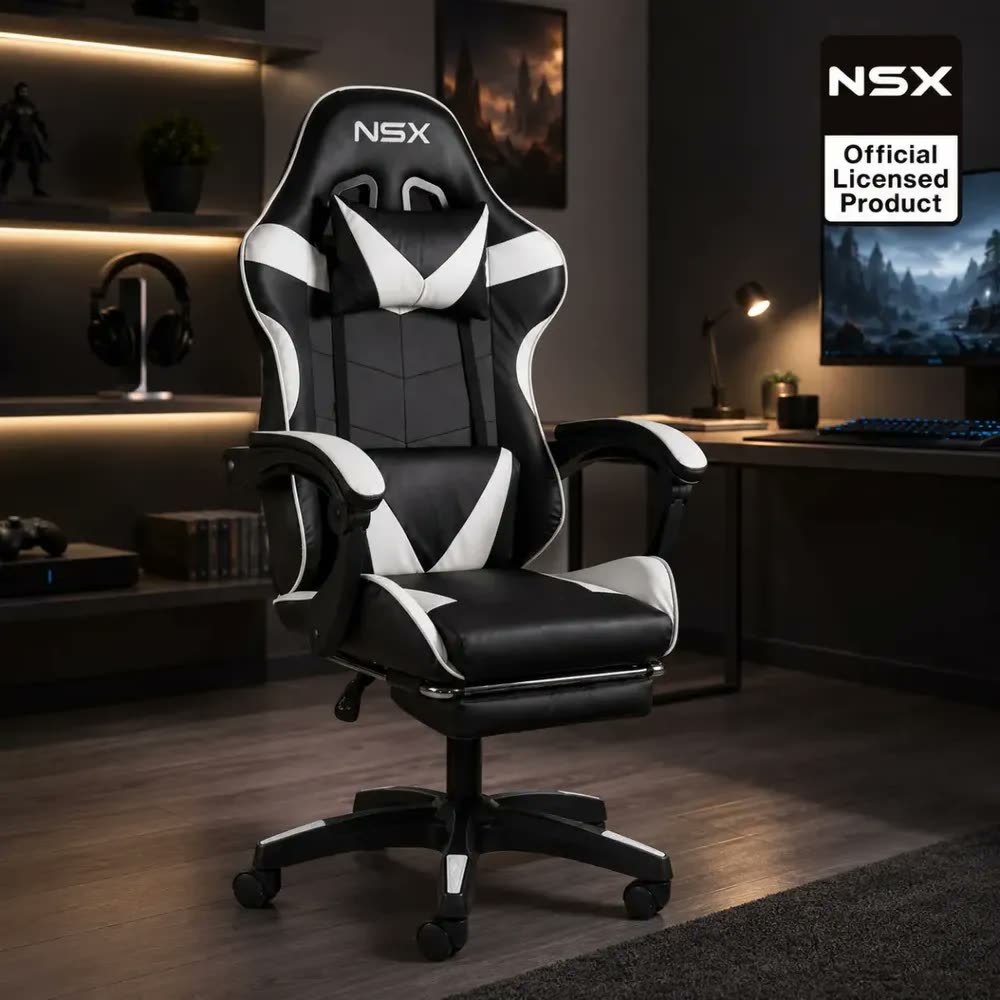 Cadeira de Escritorio VP NSX Gamer Ergonômica Reclinável Giratória com apoio de pés Ajuste de Altura Cor Preto e Branco