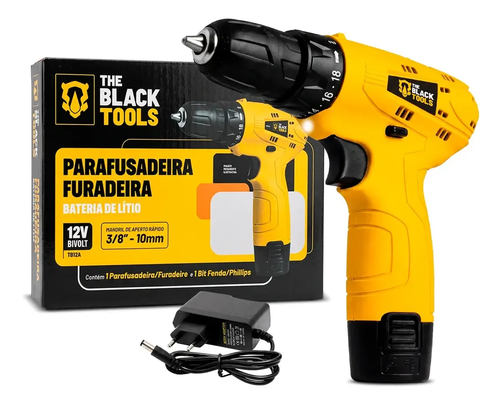 foto de Parafusadeira Furadeira The Black Tools TB12A 3/8 a Bateria Cor Amarelo Frequência 60Hz